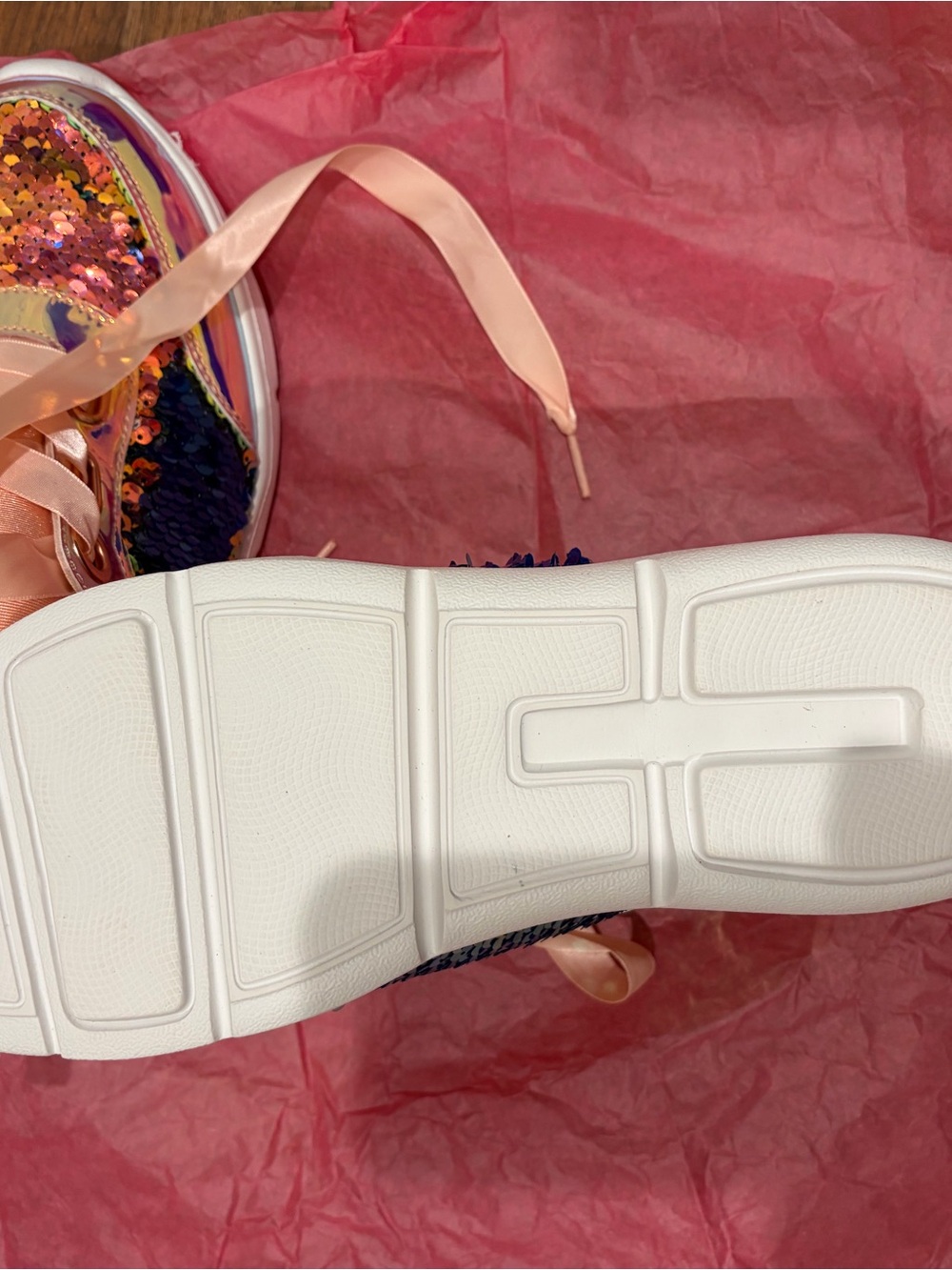 Girls Iridescent Sequin Rainbow Sneakers with Pink Satin Laces - Picture 6 of 8
